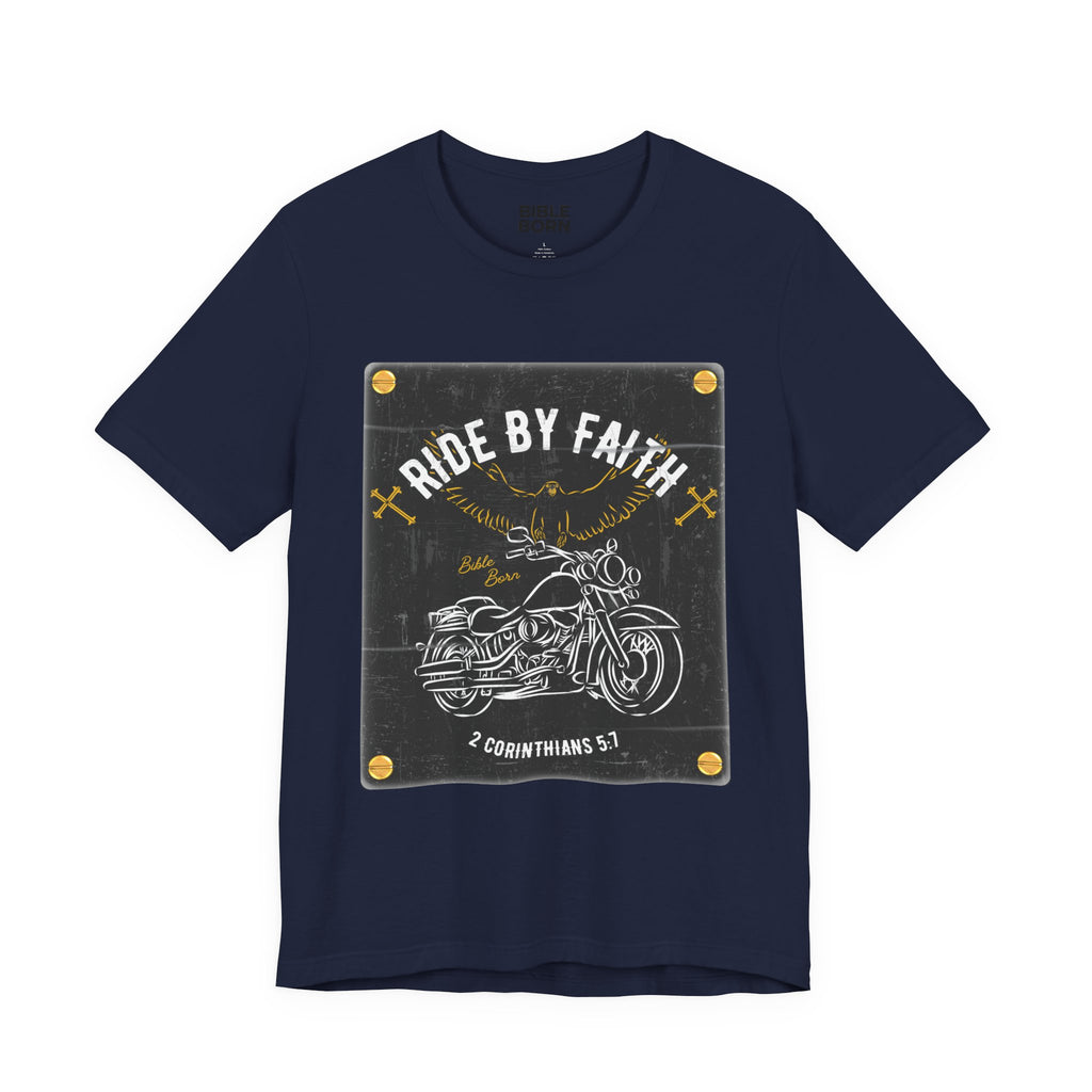 Ride By Faith motorcycle tee | Christian biker 2 Corinthians 5:7 shirt