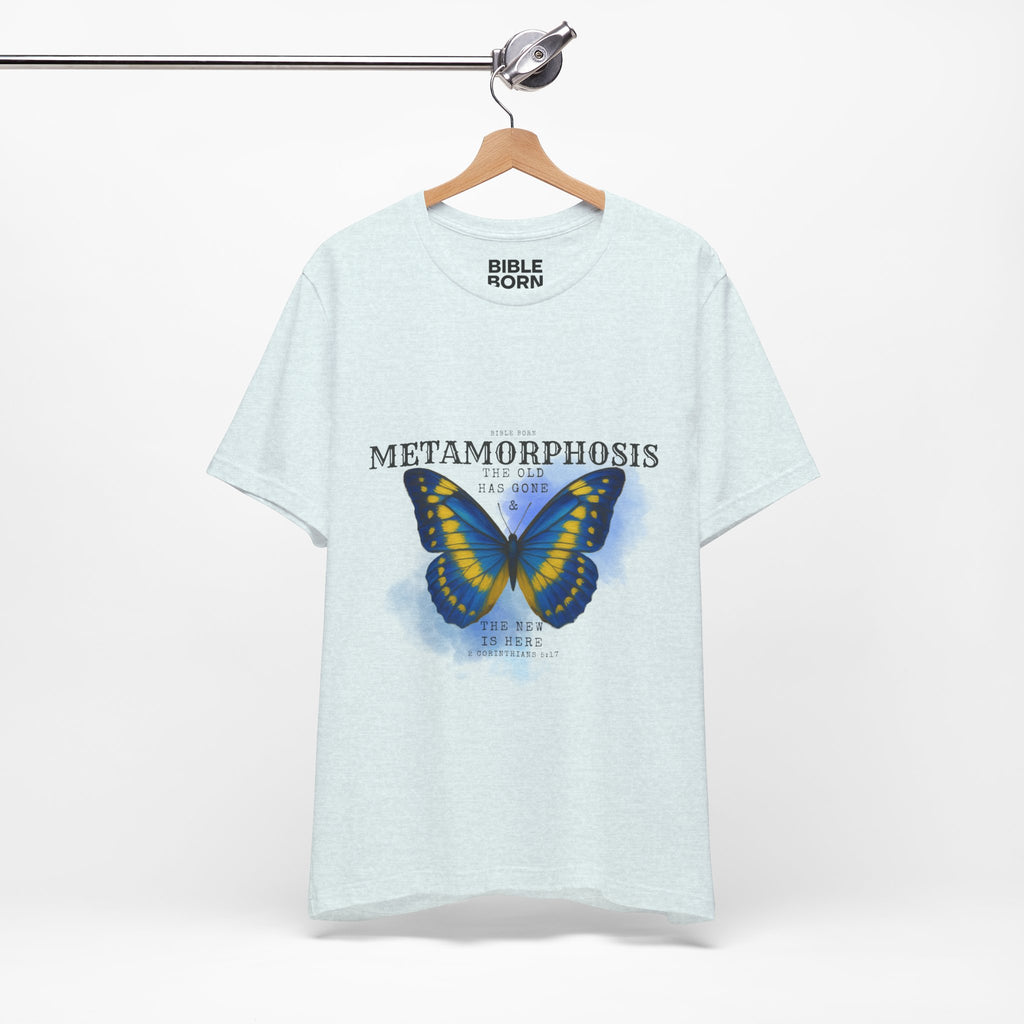 2 Corinthians 5:17 Butterfly Tee | Blue Yellow Christian Renewal Shirt