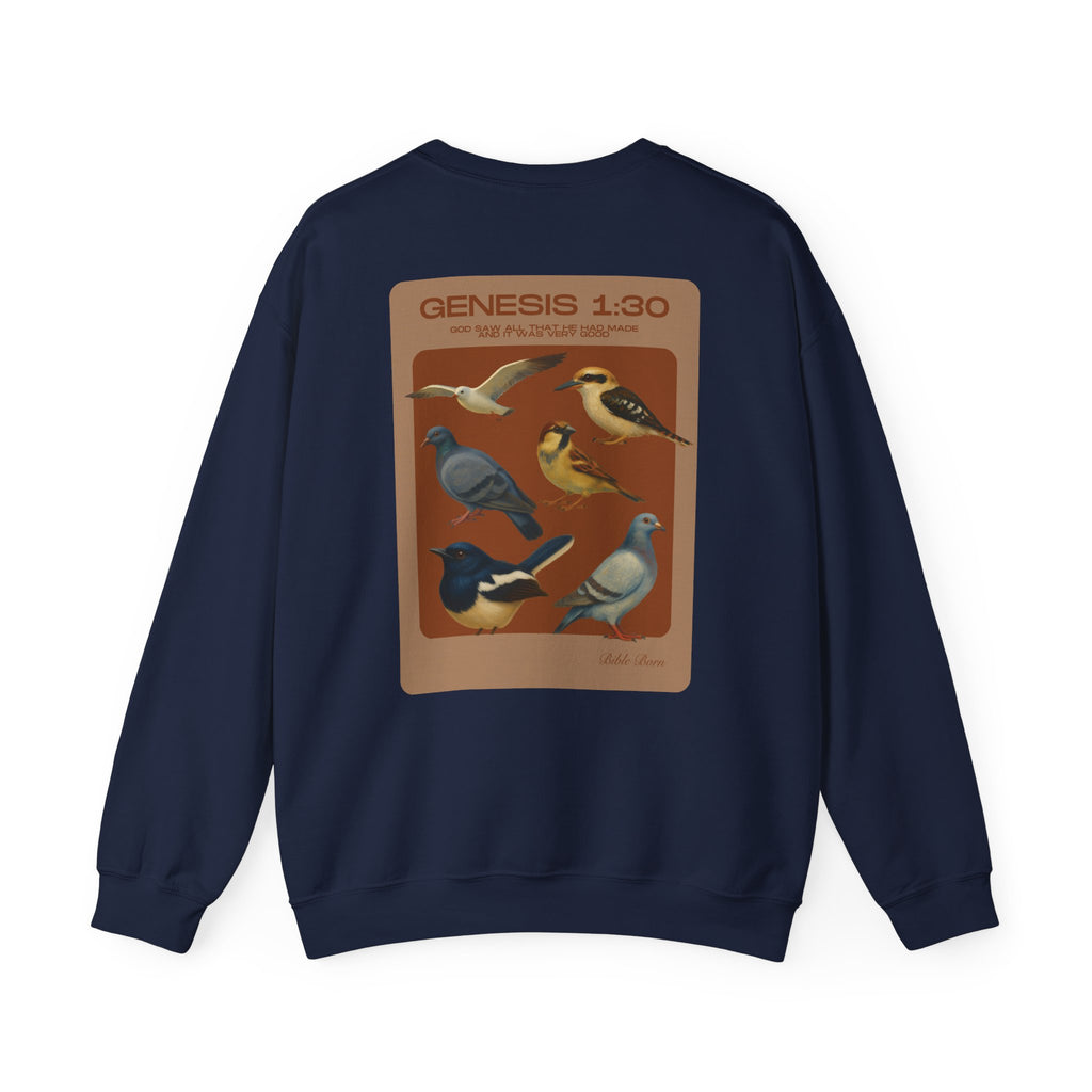 Birds of Creation Crewneck Sweatshirt — "Genesis 1:30" Vintage Bird Illustration