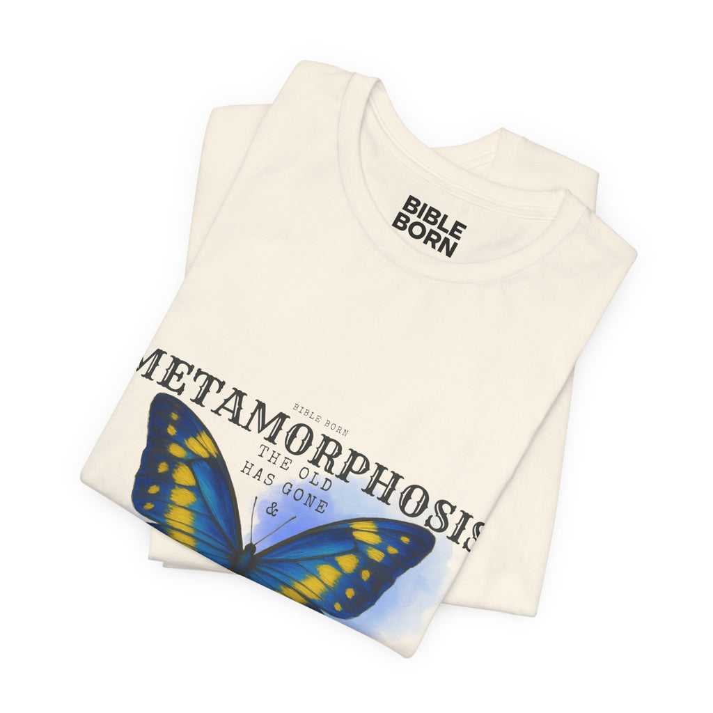 2 Corinthians 5:17 Butterfly Tee | Blue Yellow Christian Renewal Shirt