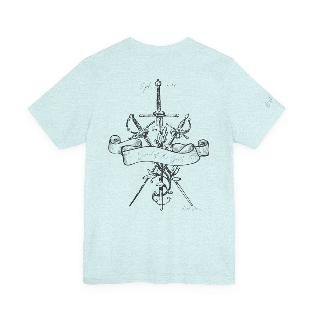 Sword & Banner Graphic Tee — Minimalist Floral Sword Back Print