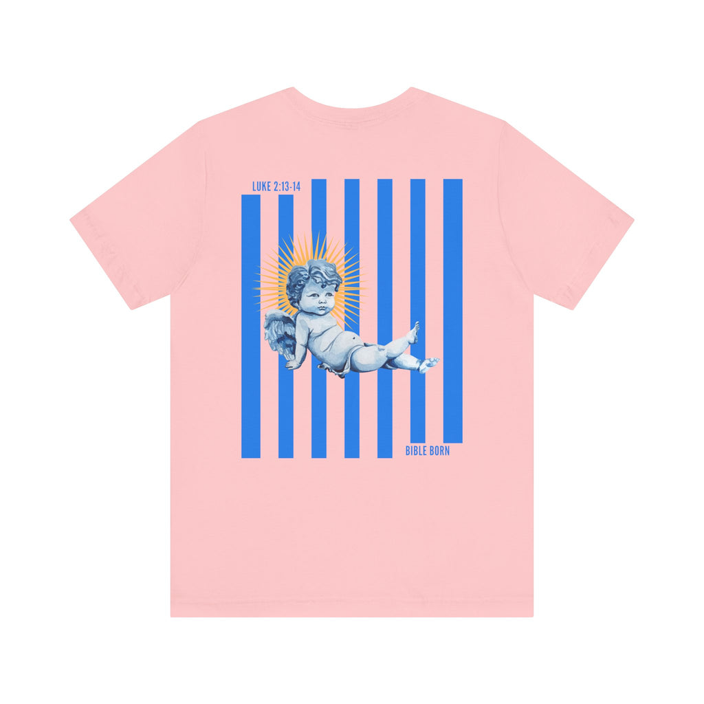 Chubby Baby Angel Luke 2:13-14 T-Shirt | Blue Striped Heaven Design