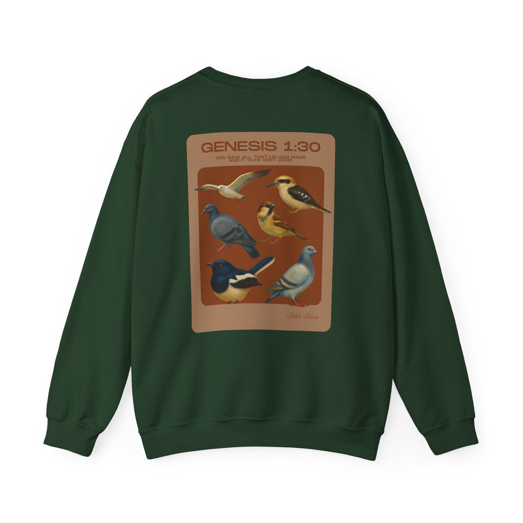 Birds of Creation Crewneck Sweatshirt — "Genesis 1:30" Vintage Bird Illustration