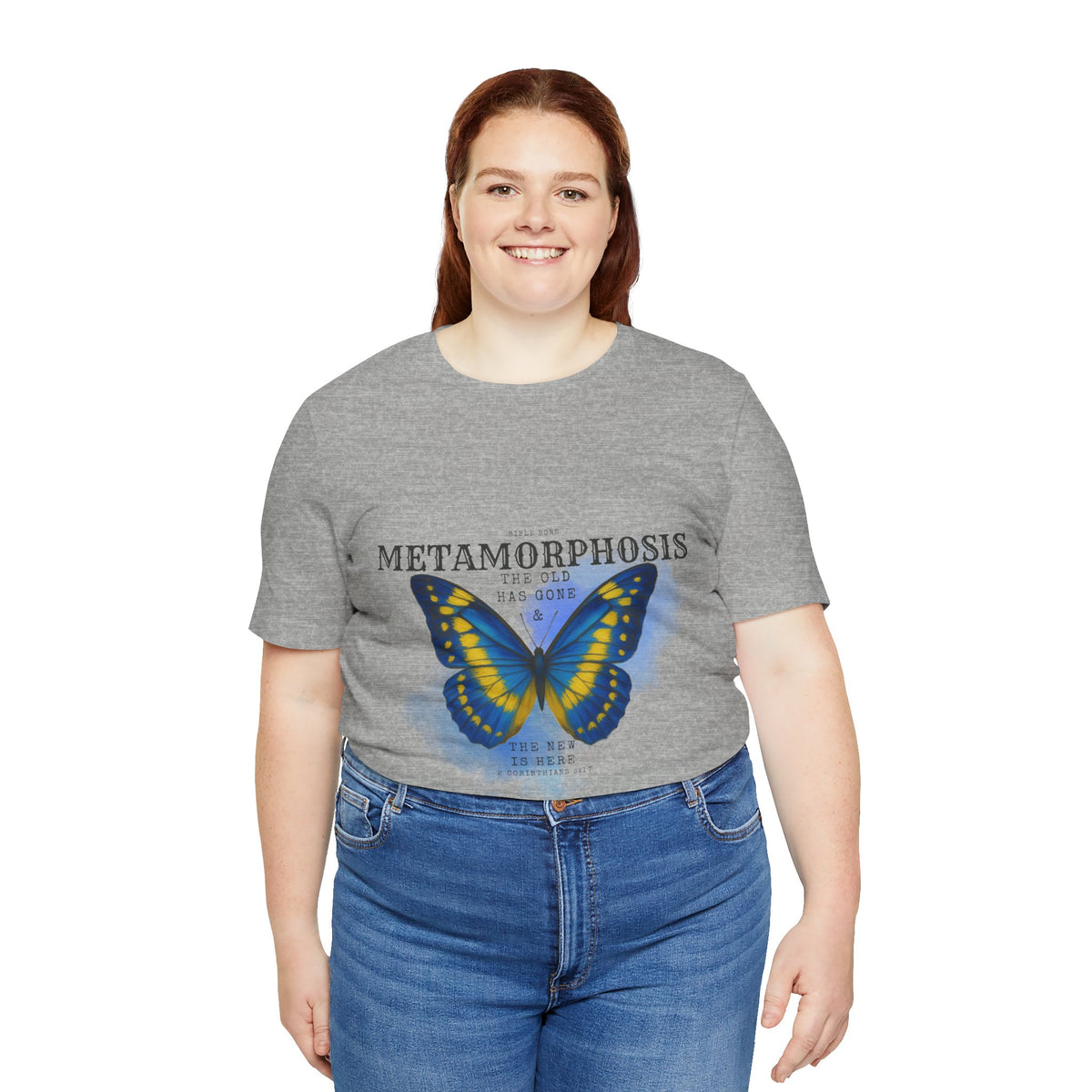 2 Corinthians 5:17 Butterfly Tee | Blue Yellow Christian Renewal Shirt