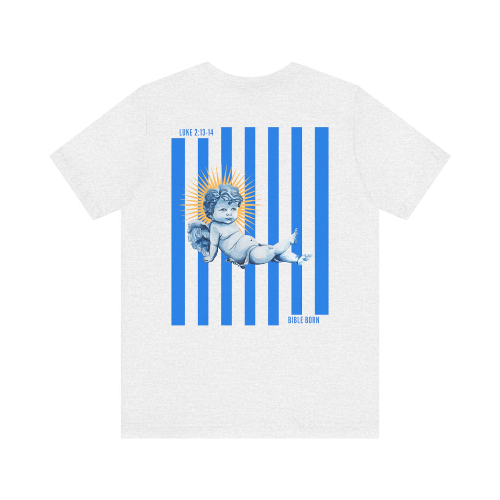 Chubby Baby Angel Luke 2:13-14 T-Shirt | Blue Striped Heaven Design