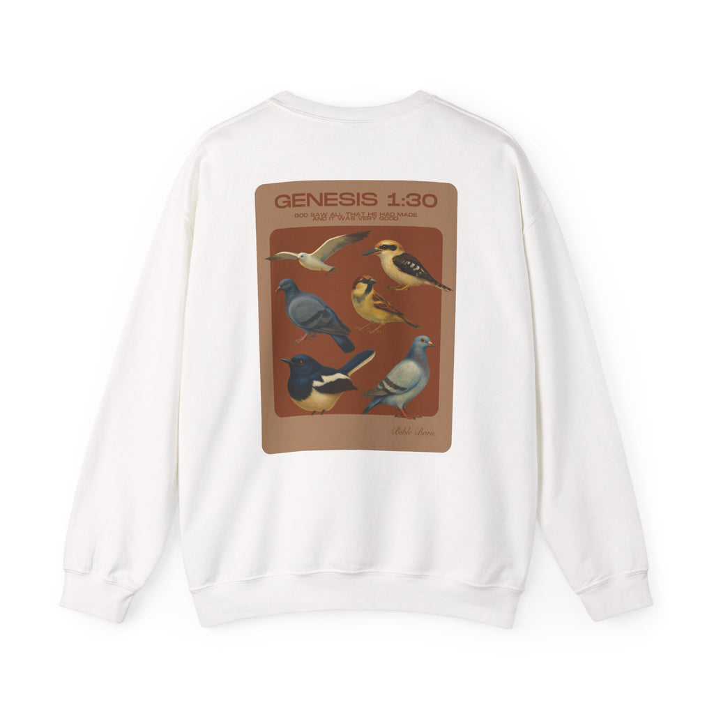Birds of Creation Crewneck Sweatshirt — "Genesis 1:30" Vintage Bird Illustration