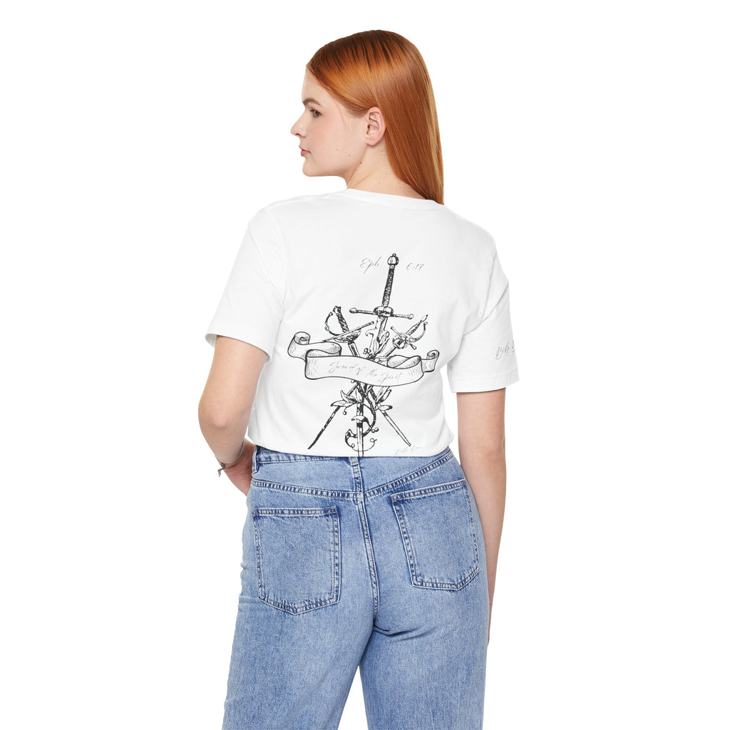 Sword & Banner Graphic Tee — Minimalist Floral Sword Back Print