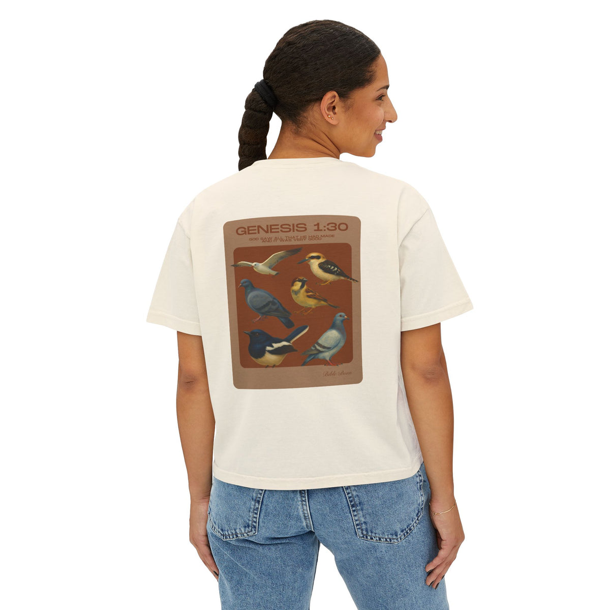 Genesis 1:30 Birds Graphic Boxy Tee — Vintage Nature Faith T‑Shirt